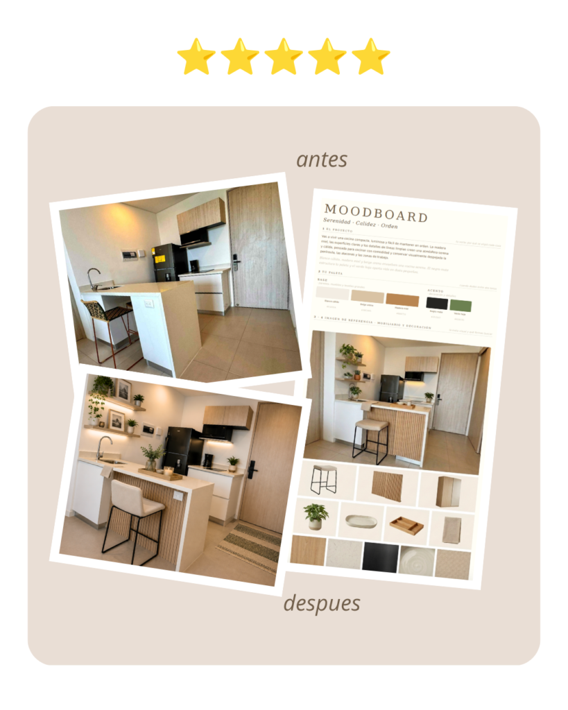 Por primera vez en mi vida senti que sabia lo que hacía! Mi casa ahora se ve hermosa, supe realmente que comprar, seguir mi moodboard fue super fácil y realmente disfrute toda la experiencia. Gracias!!! 🙏🏼  - Laura